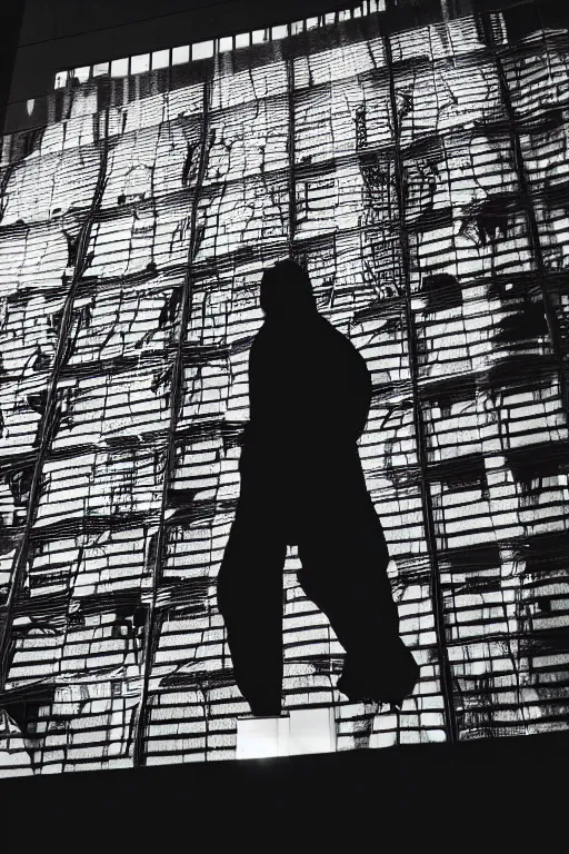 Image similar to view from below, man in reflective jacket closeup, night, the barbican behind, fashion photography, 3 5 mm photography, exposed b & w photography