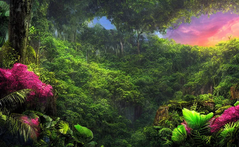 Image similar to a beautiful render of a dark prehistoric rainforest in a humongous cave lush flora patches of sky magenta flowers sunset floating mount