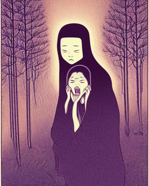 Prompt: in the style of audrey kawasaki, shinsui ito, transparent ghost screaming, full body, in the woods, moody lighting