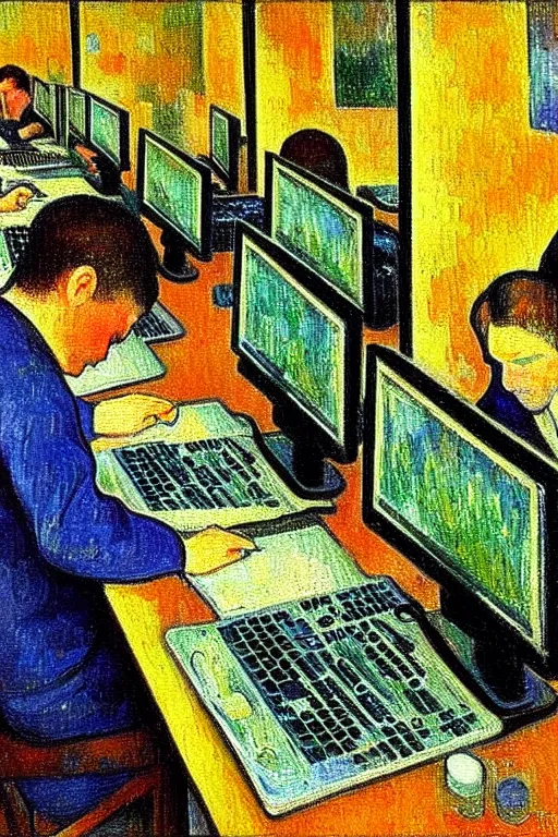 Image similar to oil painting highly detailed computer workers in office painted by paul gaugin, impressionism