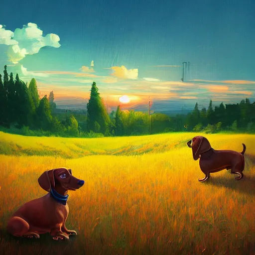 Image similar to a dachshund, surreal photography, cannabis field, sunset dramatic light, impressionist painting, colorful clouds, blue sky, digital painting, artstation, simon stalenhag