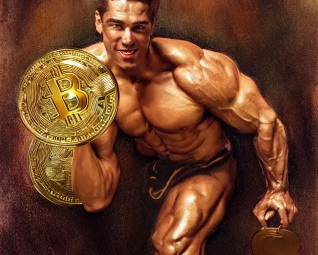 Prompt: attractive muscular man magically holding a golden bitcoin, commercial by annie liebovitz, gaston bussiere, craig mullins, j. c. leyendecker