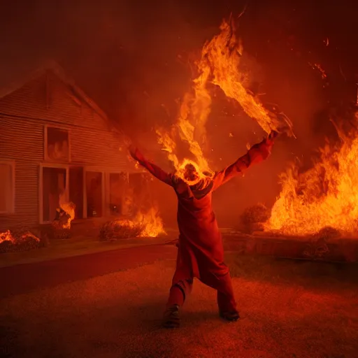 Image similar to a fire mage burning down a house with a fireball, realistic 8 k professional photography, octane, volumetric lighting, 7 0 mm,