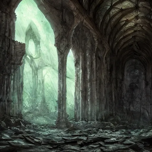 Image similar to abandoned ruined cave city, gothic art, color, detailed, eerie, emotional, sad, highly detailed, sharp focus, motherboard, Artstation, deviantart, artgem, insane detail, watercolor, golden ratio, in the style of Heavy Metal Comics