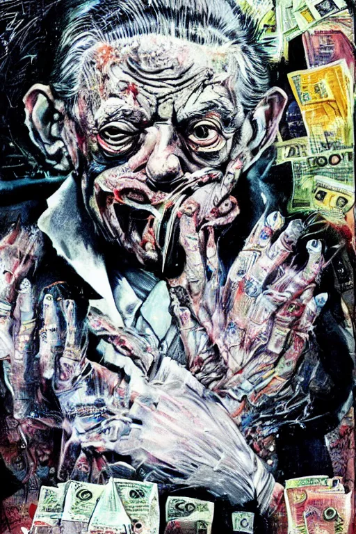 Image similar to George Soros full body shot, dollar bills Body horror, biopunk, by Ralph Steadman, Francis Bacon, Hunter S Thompson