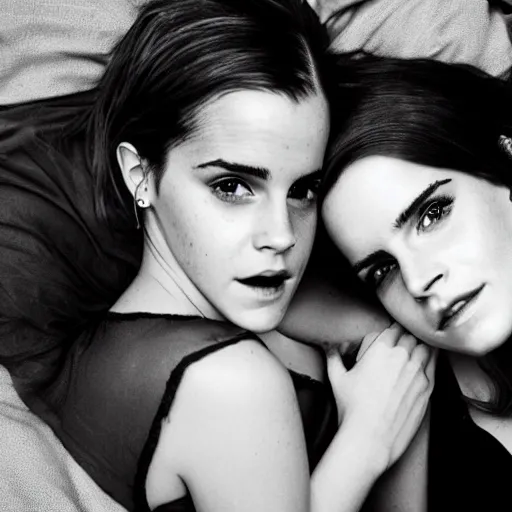 Prompt: emma watson and lana del ray photo in the style of sam haskins, on the bed