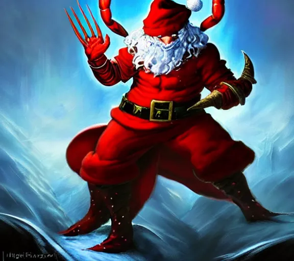 Image similar to magic : the gathering fantasy character concept art of the great lobster wearing a santa outfit by franz frazetta and marco bucci, high resolution. a clear portrait of powerful lobster wearing a santa outfit, magical christmas wonderland in background, fantasy coloring, intricate, digital painting, artstation, smooth, sharp focus