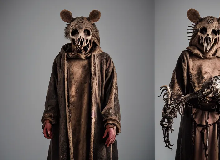 Prompt: character and environment photography, portrait 2 0 - year - old male druid wearing a rat skull mask, biomechanical tattered hood and robe, infested bear standing, medium shot, wide angle, 2 0 0 px, low key