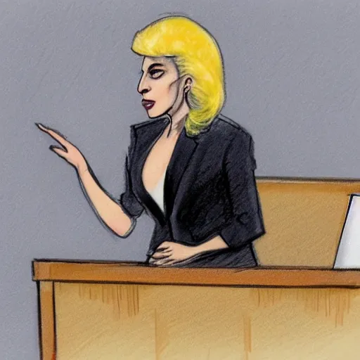 Image similar to courtroom sketch of lady gaga in the witness stand pointing at the hamburgler