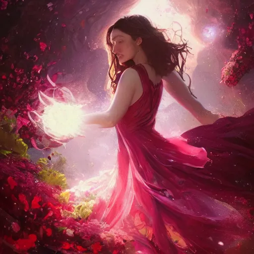 Image similar to scarlet witch in a swirling sundress of flowers, floral explosion, radiant light, vortex of plum petals, oil painting, Tooth Wu, Greg Rutkowski, RPG portrait, dynamic lighting, fantasy art, High contrast, depth of field