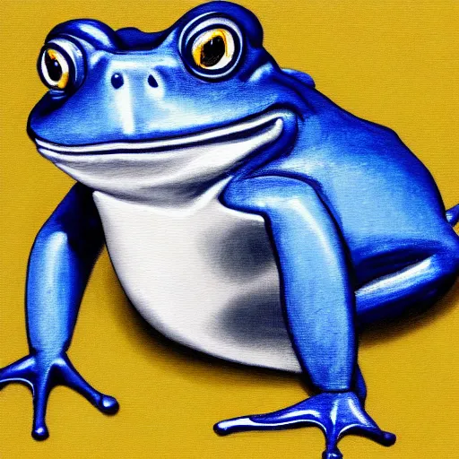 Image similar to a portrait painting of an anthropomorphic blue frog wearing a suit sitting in an office, very detailed, very intricate,