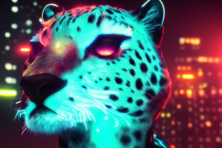 Prompt: closeup profile shot of neon cybernetic cheetah, city lights, strong bokeh, dramatic, cinematic, high contrast, octane render, cgsociety, artstation, 4k