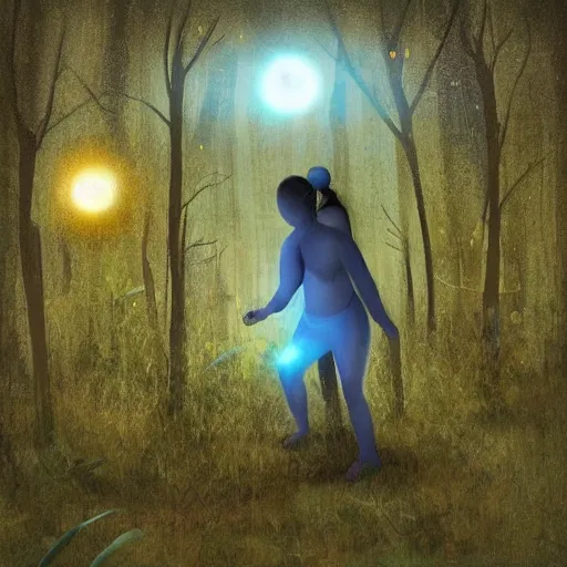 Image similar to a dirty lost person is following a floating blue glowing ball of light through the swampy forest, art by Afda Trihatma .