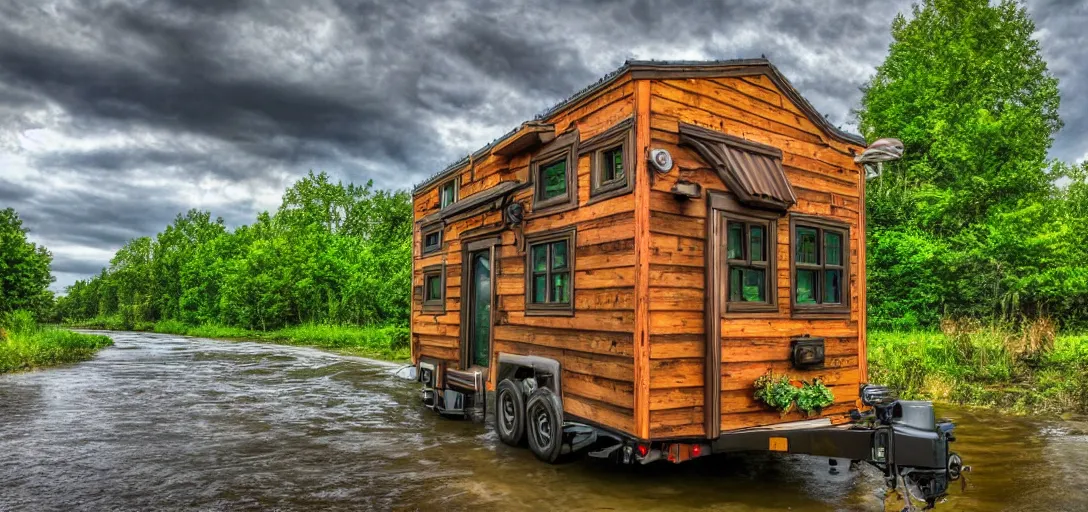 Image similar to tiny house, river, steampunk, 8k, realistic, high definition, 10 bit colour, hdr