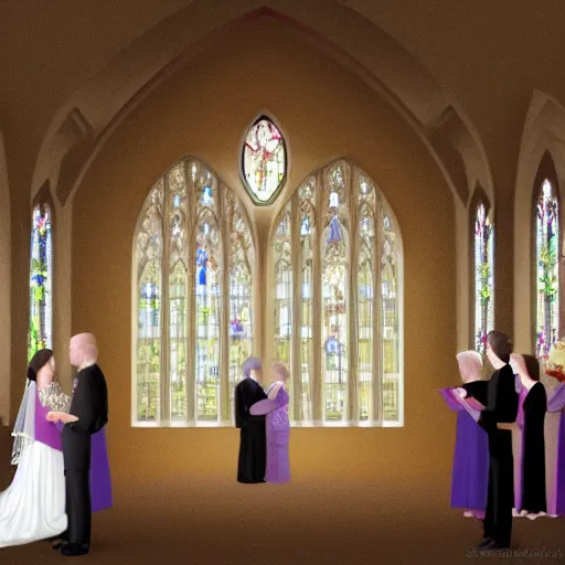 Image similar to a blonde haired woman and a brunette haired man getting married at a chapel, high detail, 4 k uhd, 8 k, great detail, very detailed