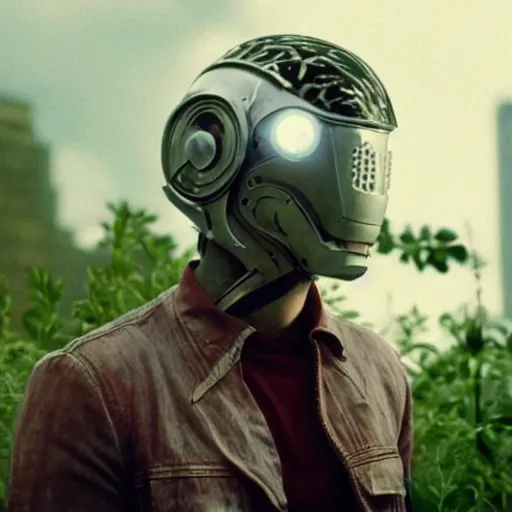 Image similar to movie still of a youth with a cyborg plants flowers helmet, cinematic composition, cinematic light, by edgar wright and david lynch