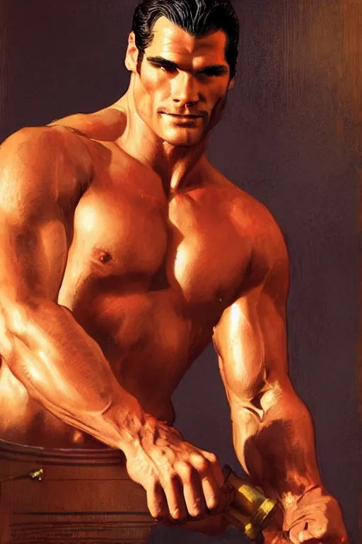 Image similar to henry caville as a muscular firefighter, tom of finland, gaston bussiere, craig mullins, j. c. leyendecker