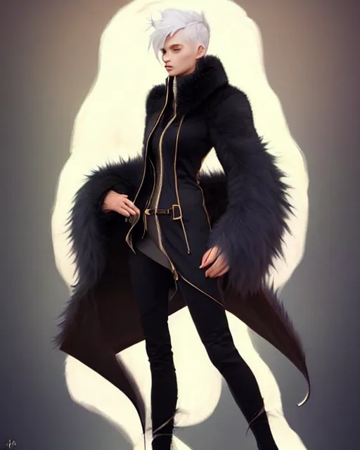 Image similar to dragon hunter wearing a fur - lined dragonhide jacket!!! beautiful and elegant white hair female!! symmetry, character concept art, sharp focus, illustration, artgerm!! greg rutkowski! wlop!! ilya kuvshinov!! charlie bowater! octane render! unreal engine 5! highly rendered!! trending on artstation!