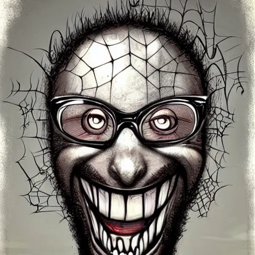 Image similar to surrealism grunge cartoon sketch of a spider with a human head with a wide smile by - michael karcz, loony toons style, horror theme, detailed, elegant, intricate