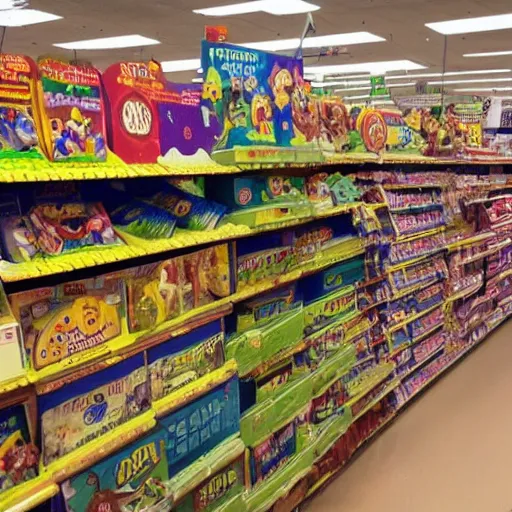 Image similar to aisle at toys are us but the shelves are full of loving goblins