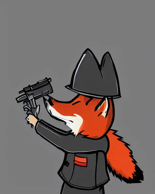 Image similar to a fox wearing a black trench - coat holding a mini - gun, comic art style, digital art,