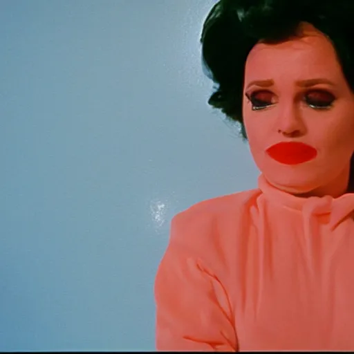 Prompt: still from a 1980 arthouse film about a depressed housewife dressed as a squishy inflatable toy who meets a handsome younger man in a seedy motel room, color film, 16mm soft light, art on the wall