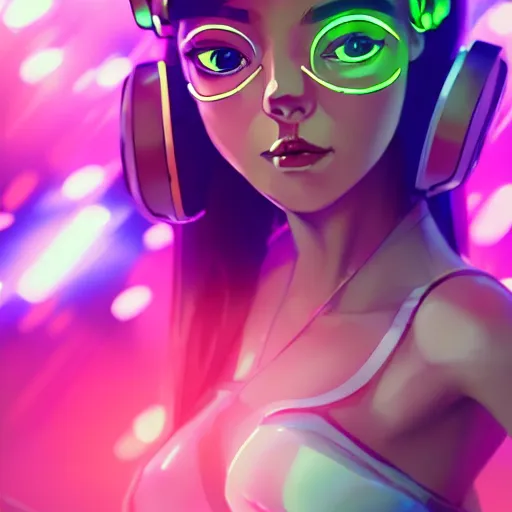 Image similar to cute young woman with robot ears and eyes, 4k, sharp focus, neon colored fluorescent lighting, jordan grimmer