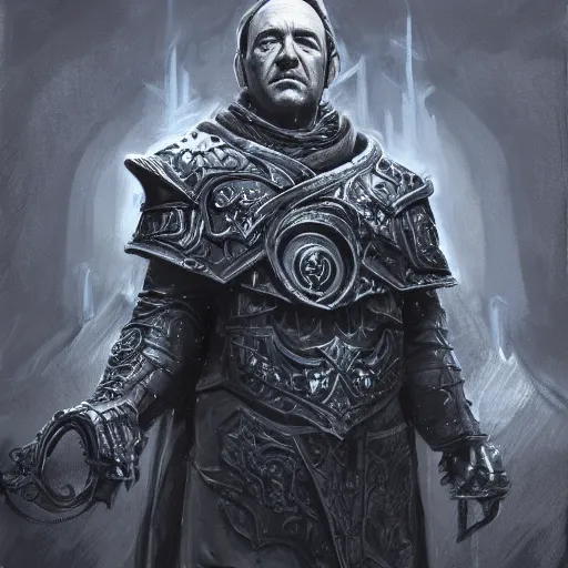 Prompt: Illustration of Kevin Spacey as the Lich King, dark atmosphere, angry look, gta 5 cover style, highly detailed, digital painting, Trending on artstation , HD quality, by Glenn Rane and Samwise Didier, dramatic light, octane