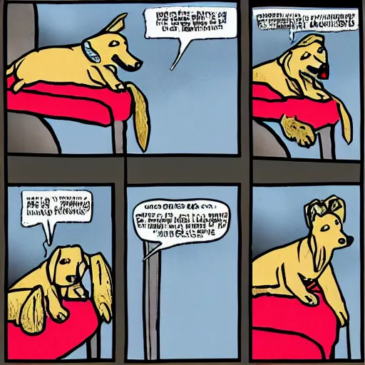 Image similar to “four-panel comic of a dog having a revelation”