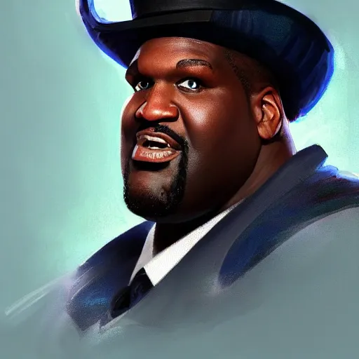 Prompt: pixar portrait painting of shaquille o'neal wearing a top hat and armor as an overwatch character, medium shot, asymmetrical, profile picture, organic painting, foggy day, matte painting, bold shapes, hard edges, street art, trending on artstation, by huang guangjian and gil elvgren and sachin teng