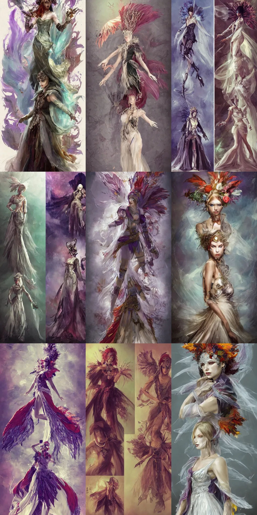 Prompt: Painterly character concept and fashion spot illustrations from a Final Fantasy and Assassin's Creed 2 mashup Halloween-themed wedding masquerade ball, full-body, dynamic poses, diaphanous iridescent silks, autumn colors, bloom, god rays, cinematic lighting, intricate crystalline and feather jewelry, ornate, filigree, arcane, by Luis Ricardo Falero, by Alphonse Mucha, by Bouguereau, by Rubens, fantasy, portfolio illustration, highly detailed, trending on Artstation, CGsociety, Pixologic top row, rendered in Octane, rendered in Arnold, HQ, 8k, 35mm lens, f2.8, Bokeh,