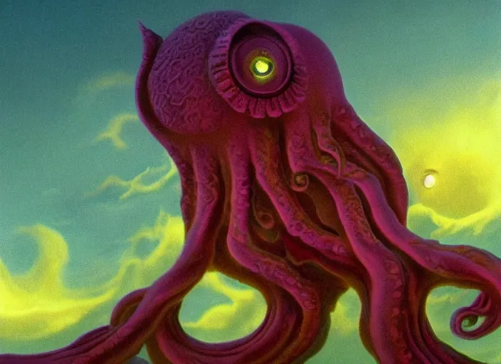 Prompt: pareidolia fluorescent soft pleasing - palette friendly colossal gentle friendly giant mystical spirit owl - inspired phantom cthulhu leviathan of the turbulent wind, eyes, character portrait, close - up, pleasing palette, undulating nebulous sunset clouds, coral - colored adorable, friendly, idyllic cumulonimbus matte painting from fantasia pastel from fantasia ( 1 9 4 1 )