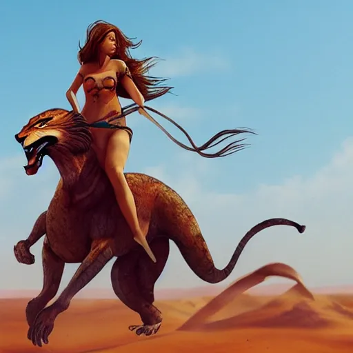 Image similar to girl riding a giant lion in the Sahara, trending on artstation
