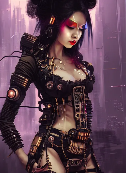 Image similar to soft lustrous seductive ebony geisha raver gutter punk steampunk cyborg, golden ratio, details, scifi, fantasy, cyberpunk city, intricate, decadent, highly detailed, octane render, digital painting, artstation, concept art, sharp focus, illustration, art by artgerm, loish, wlop