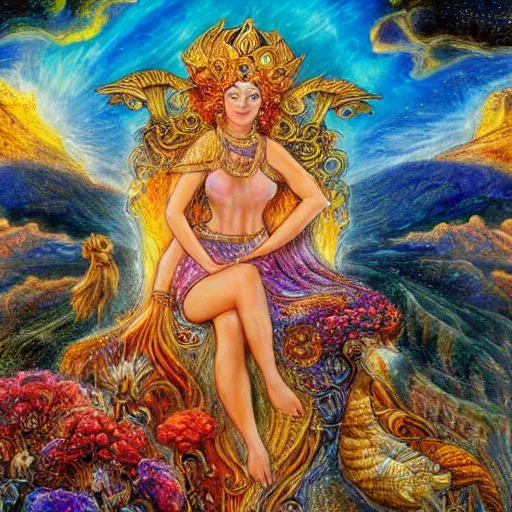 Image similar to goddess by josephine wall, checking her phone, sitting on flying golden ram, erupting volcano in distance, flowers in foreground, sunset, stars in sky, fantasy