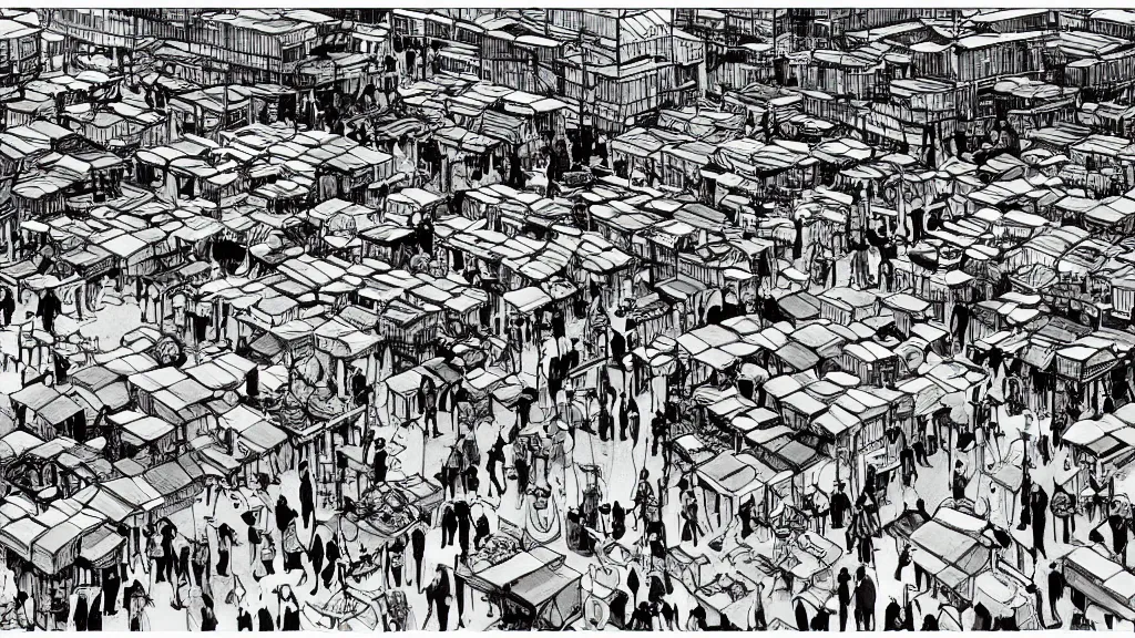 Prompt: a black and white drawing of a busy fish market stretching to the horizon, a storybook illustration by mattias adolfsson, behance contest winner, modern european ink painting, matte drawing, storybook illustration, panoramic, isometric