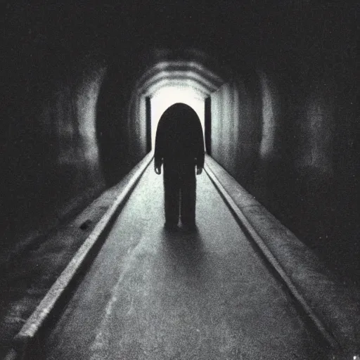 Prompt: a creepy humanoid figure standing in a tunnel, dark, brooding, creepy, backlit from sunlight, real photo taken on Polaroid camera