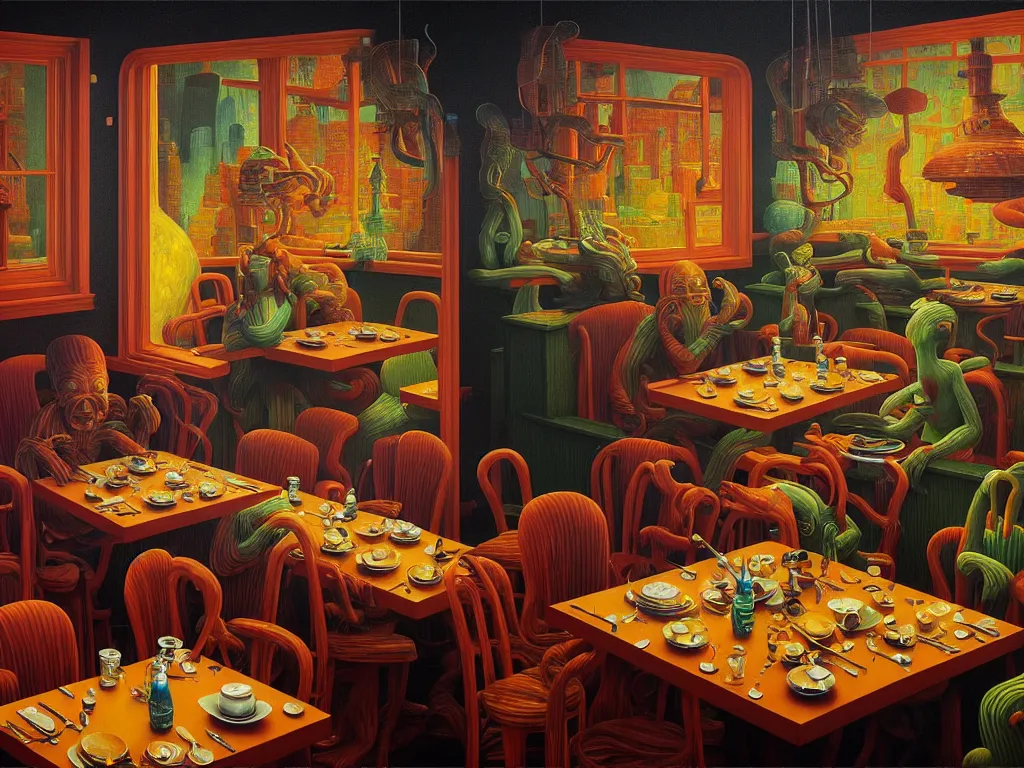 Image similar to hyper detailed 3d render like a Oil painting - diner at the end of the universe by Jacek Yerka, Mariusz Lewandowski, Houdini algorithmic generative render, Abstract brush strokes, Masterpiece, Edward Hopper and James Gilleard, Zdzislaw Beksinski, Mark Ryden, Wolfgang Lettl, hints of Yayoi Kasuma, octane render, 8k