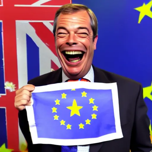 Image similar to nigel farage laughing holding burning eu flag, studio photograph, hd, studio