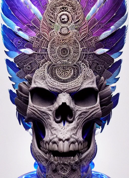 Image similar to 3 d shaman with tattoos profile portrait, sigma 5 0 0 mm f / 5. beautiful intricate highly detailed quetzalcoatl skull and feathers. bioluminescent, plasma, lava, ice, water, wind, creature, thunderstorm! artwork by tooth wu and wlop and beeple and greg rutkowski, 8 k trending on artstation,