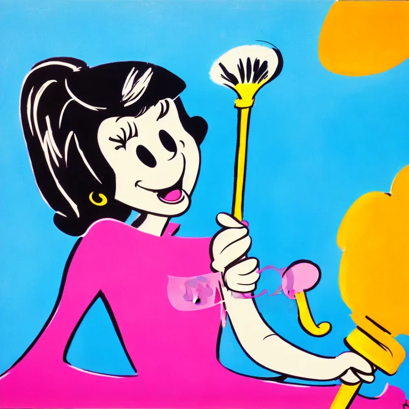 Prompt: cute logo 6 0 s cartoon art of a grinning girl holding an oversized paint brush, disney style, 4 k,