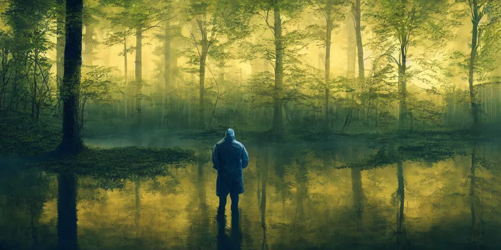 Image similar to a mysterious man in a yellow hazmat suit stands in a small lake with reflections in a detailed forest, painting, concept - art, rendering, octane, redshift, cinematic composition, volumetric lighting