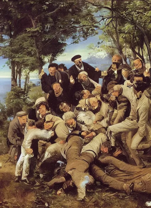 Image similar to artwork painting of the members of the mob dumping a body by eugene von guerard, ivan shishkin, john singer sargent