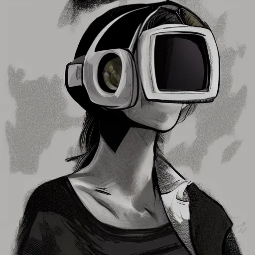 Prompt: a woman, wearing a TV over her head, digital art, trending on artstation