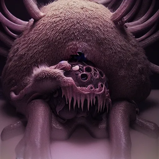 Prompt: cute chthonic fluffy monster by Ayami Kojima, Beksinski, Giger, vray render, unreal engine, 50mm lens, bottom angle