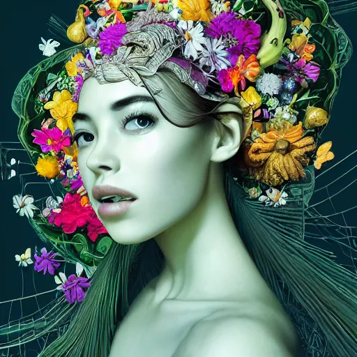 Image similar to the portrait of an absurdly beautiful, graceful, elegant woman made of bananas and petals, an ultrafine detailed illustration by irakli nadar, naoki ikushima, mika iizuka, intricate linework, bright colors, final fantasy, behance contest winner, angular, unreal engine 5 highly rendered, global illumination, radiant light, detailed and intricate environment