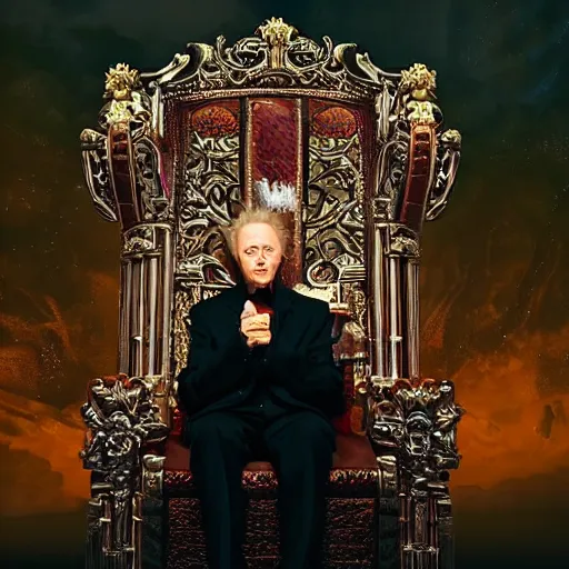 Image similar to elderly Christopher Walken as a menacing regal futuristic emperor seated on an ostentatious cyberpunk throne, cinematic lighting, backlit glow