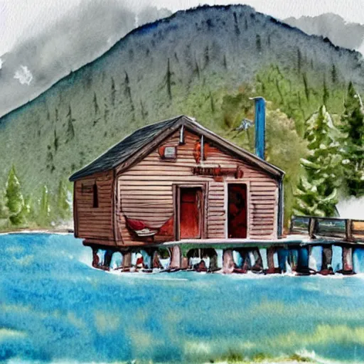 Image similar to a detailed watercolor illustration of a retrofuturistic cabin by the lake,