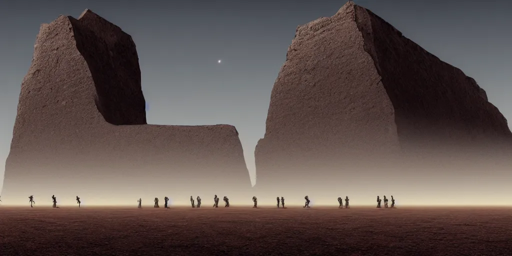 Image similar to an enormous alien black monolith in the desert, a large line of people are walking toward it in a line! starting at the foreground and ending at the building, single file, in the foreground on a rock is an alien creature catching a fly with its tongue, two suns are in the sky, clear skies, volumetric light, hyperdetailed, artstation, cgsociety, 8k