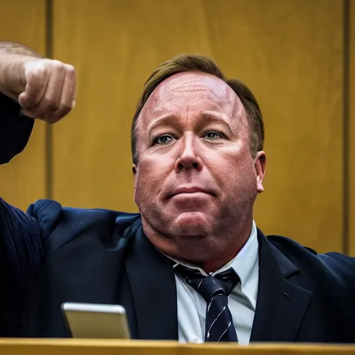 Prompt: Alex Jones desperately reaching for his out of reach phone in the courtroom, EOS 5DS R, ISO100, f/8, 1/125, 84mm, RAW, sharpen, unblur